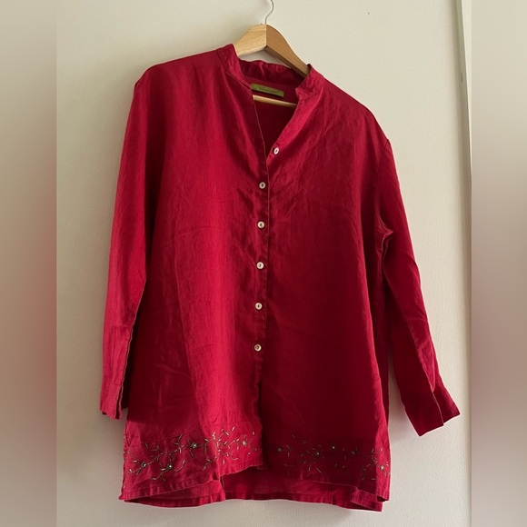 Woodspan Tops - Woodspan Crimson Red Embroidered Linen Tunic - XXL